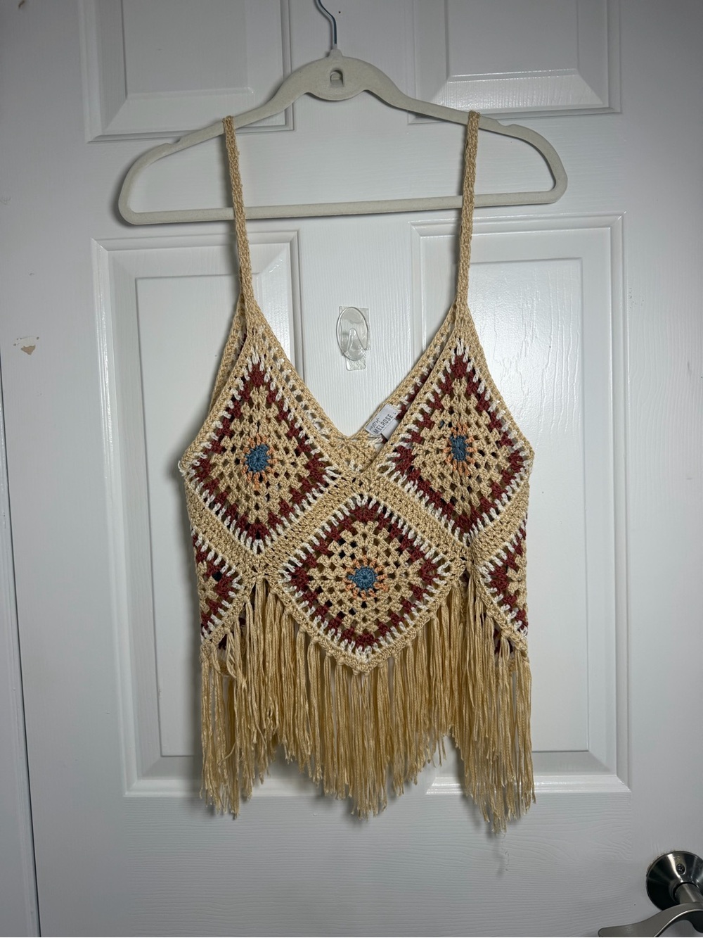 Wester of Melrose  Crochet Fringe Camisole in Beige with Red & Blue Accents